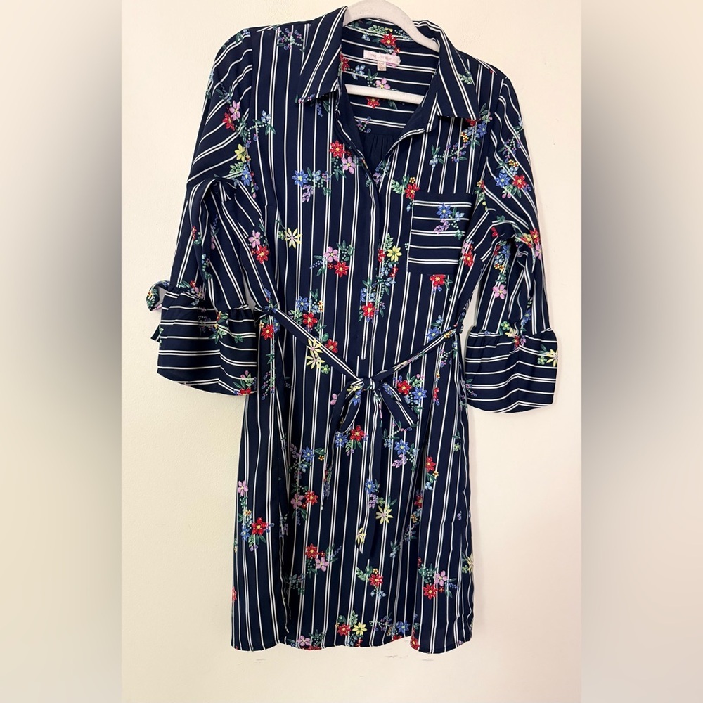 Skies Are Blue Floral Striped Belted Dress, size M, Cuff Ties, Button Up Mini - Picture 2 of 10